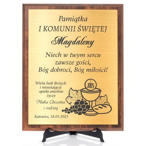 Podaruj drewniany ZŁOTY obrazek spersonalizowana pamiątka na komunię od chrzestnej