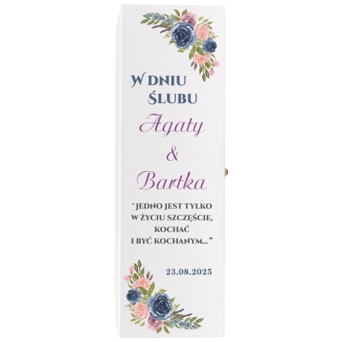 DREWNIANE PUDEŁKO NA WINO Z NADRUKIEM oryginalna pamiątka ślubna