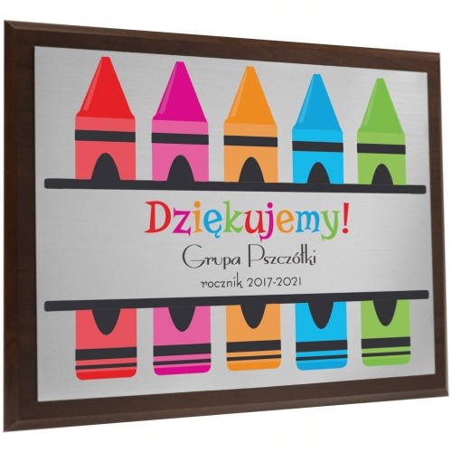 Srebrny drewniany obrazek PREZENT DLA NAUCZYCIELA nadruk