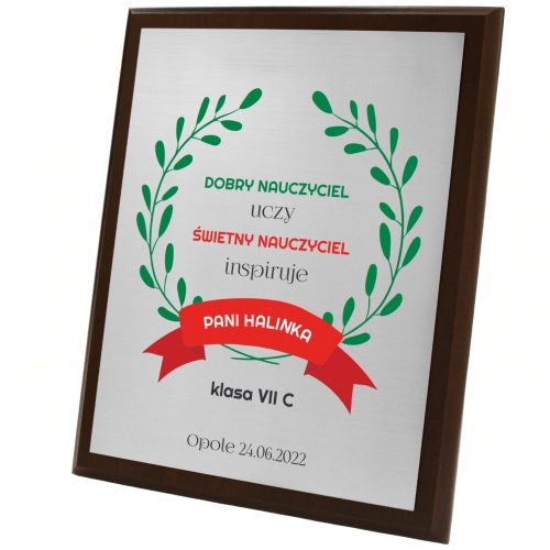 Srebrny drewniany obrazek PREZENT DLA NAUCZYCIELA nadruk