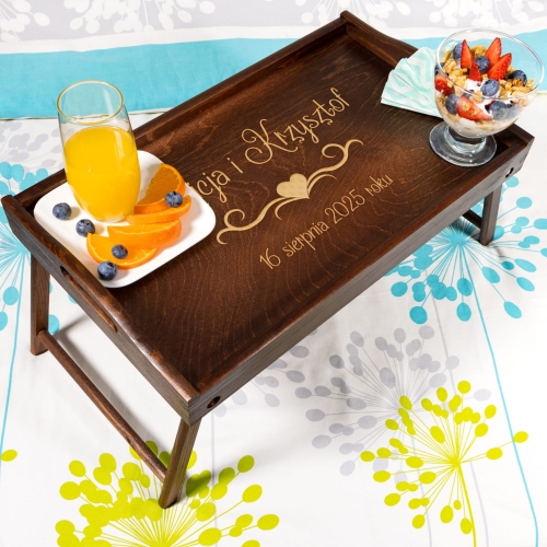 DREWNIANY STOLIK do łóżka ciemny prezent na ślub grawer