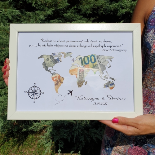 ORYGINALNA PAMIĄTKA ŚLUBNA ramka na pieniądze kontynenty kompas