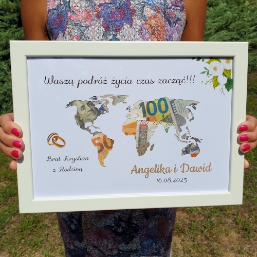 RAMKA NA PIENIĄDZE kontynenty prezent na ślub na wspólne podróże