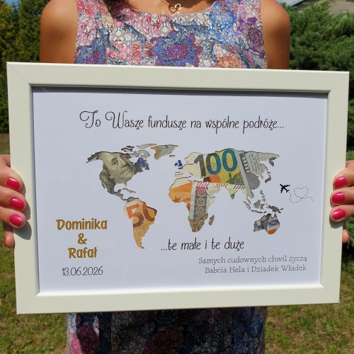 RAMKA NA GOTÓWKĘ MAPA ŚWIATA fundusze na wspólne podróże na ślub