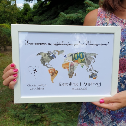 POMYSŁ NA PREZENT ŚLUBNY biała ramka mapa na pieniądze z dedykacją