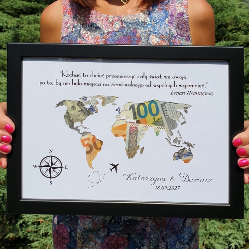 NOWOCZESNA KARTKA ŚLUBNA NA PIENIĄDZE ramka kontynenty efekt 3D