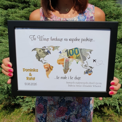 SUPER PREZENT ŚLUBNY ramka 3D mapa świata na gotówkę na podróże