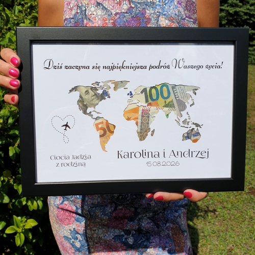 Prezent na wesele KARTKA Z ŻYCZENIAMI NA GOTÓWKĘ ramka mapa świata