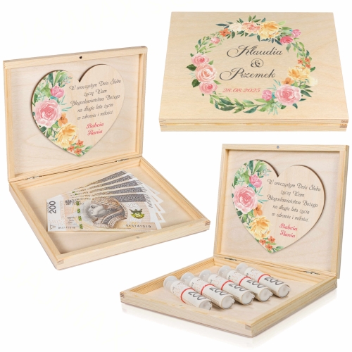 Kwiatowe pudełko z życzeniami NOWOCZESNA KARTKA ŚLUBNA NA PIENIĄDZE