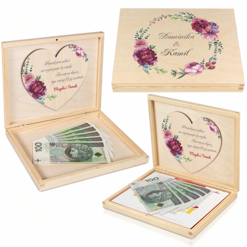 DLA NOWOŻEŃCÓW PAMIĄTKA ŚLUBNA drewniane pudełko na gotówkę nadruk