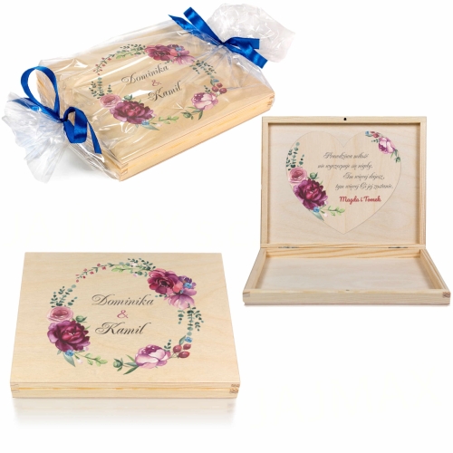 DLA NOWOŻEŃCÓW PAMIĄTKA ŚLUBNA drewniane pudełko na gotówkę nadruk