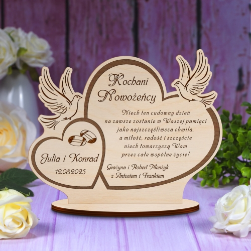 STATUETKA DREWNIANA UPOMINEK NA ŚLUB życzenia z dedykacją grawer