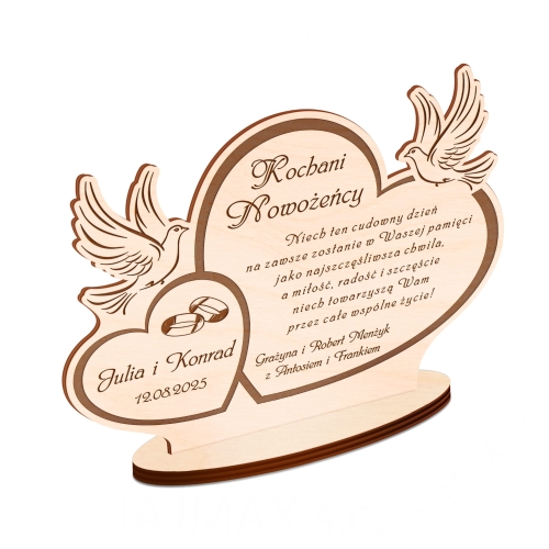 STATUETKA DREWNIANA UPOMINEK NA ŚLUB życzenia z dedykacją grawer