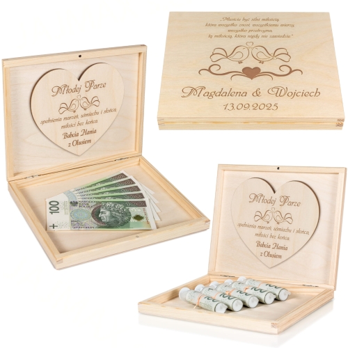 PUDEŁKO NA PIENIĄDZE Z CYTATEM oryginalny prezent na ślub grawer