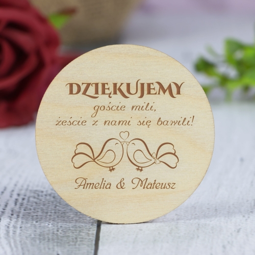 UPOMINKI DLA GOŚCI NA WESELE magnesy koło imiona Nowożeńców ptaszki