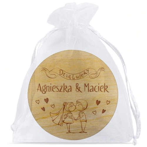Piękne magnesy drewniane podziękowania dla gości grafika Nowożeńcy