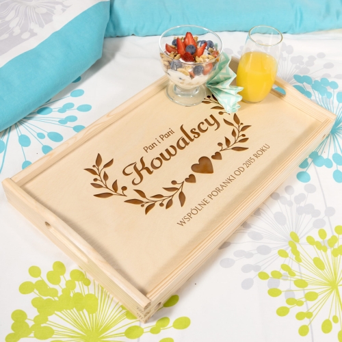 ROMANTYCZNY PREZENT ŚLUBNY stolik śniadania do łóżka grawer