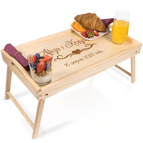 POMYSŁ NA PREZENT NA ŚLUB drewniany stoliczek grawer serce imiona nowożeńców