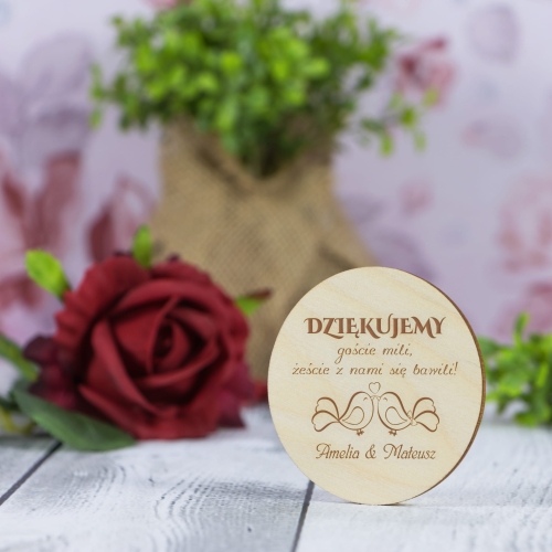 UPOMINKI DLA GOŚCI NA WESELE magnesy koło imiona Nowożeńców ptaszki