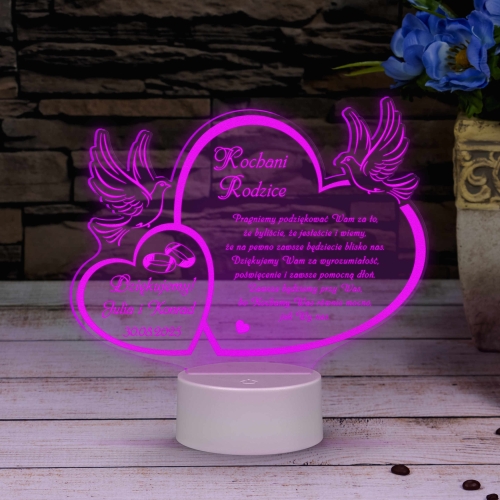 Akrylowa statuetka LED PODZIĘKOWANIE DLA RODZICÓW na ślub z grawerem