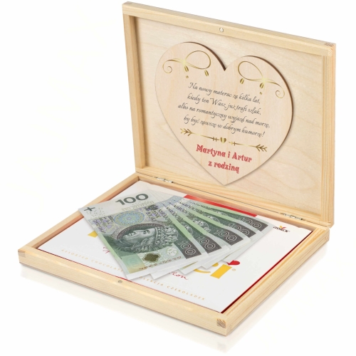 PIĘKNA PAMIĄTKA ŚLUBNA pudełko z życzeniami na gotówkę nadruk