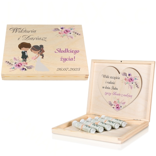 Kartka z życzeniami DREWNIANE PUDEŁKO NA PIENIĄDZE prezent ślubny