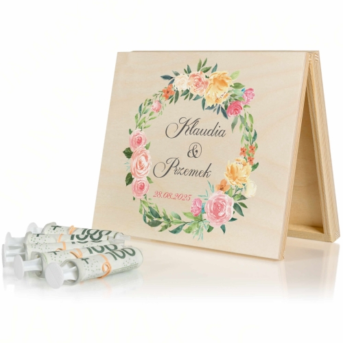 Kwiatowe pudełko z życzeniami NOWOCZESNA KARTKA ŚLUBNA NA PIENIĄDZE