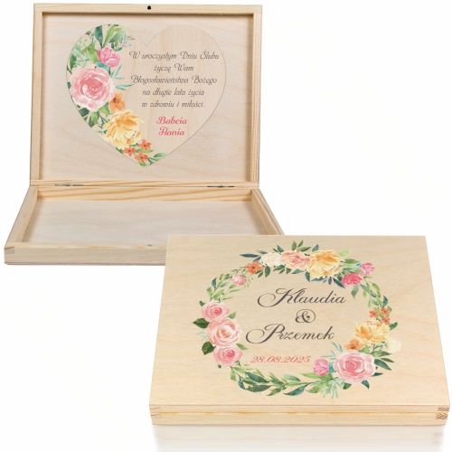 Kwiatowe pudełko z życzeniami NOWOCZESNA KARTKA ŚLUBNA NA PIENIĄDZE