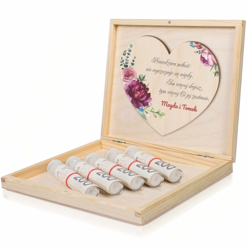 DLA NOWOŻEŃCÓW PAMIĄTKA ŚLUBNA drewniane pudełko na gotówkę nadruk
