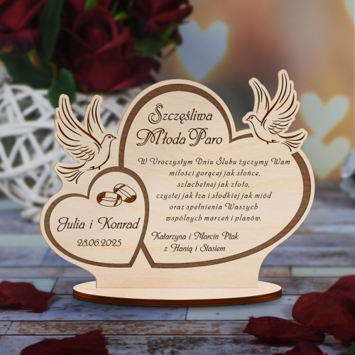 Drewniana kartka z życzeniami PREZENT DLA NOWOŻEŃCÓW grawer