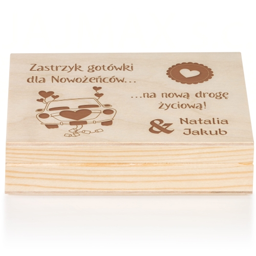 Drewniane pudełko zastrzyk gotówki PREZENT NA ŚLUB grawer