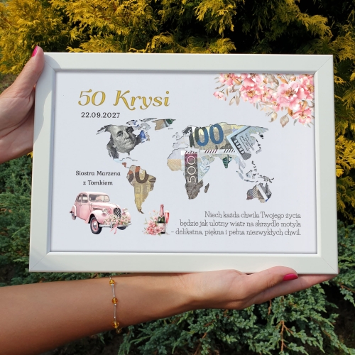 PREZENT NA URODZINY ramka na pieniądze mapa kontynenty super pomysł