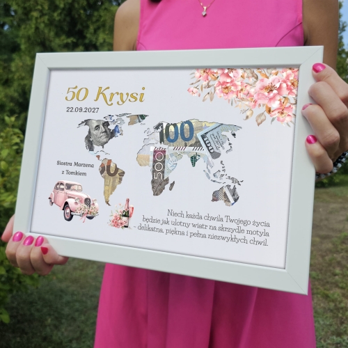 PREZENT NA URODZINY ramka na pieniądze mapa kontynenty super pomysł