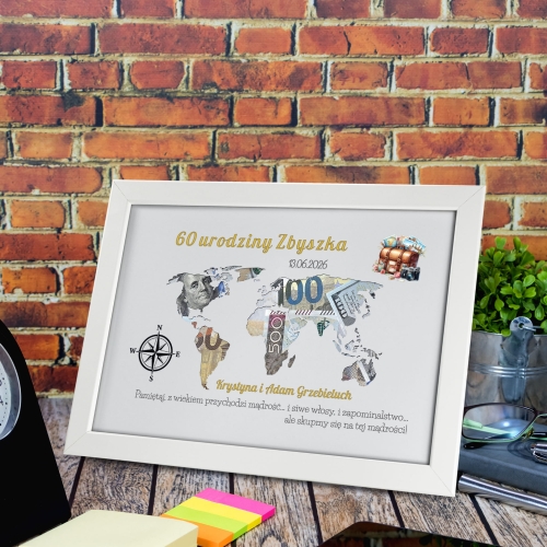 ORYGINALNY PREZENT URODZINOWY nowoczesna koperta ramka mapa świata