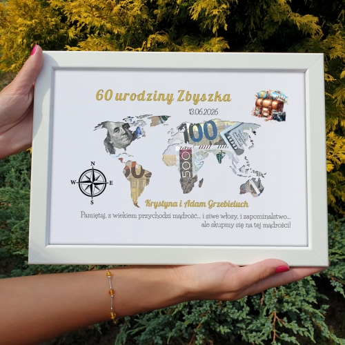 ORYGINALNY PREZENT URODZINOWY nowoczesna koperta ramka mapa świata