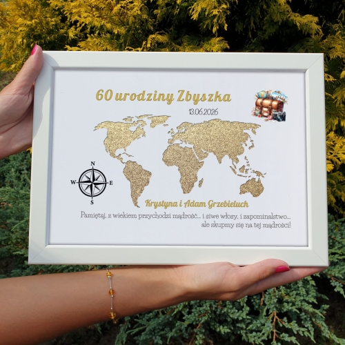 ORYGINALNY PREZENT URODZINOWY nowoczesna koperta ramka mapa świata