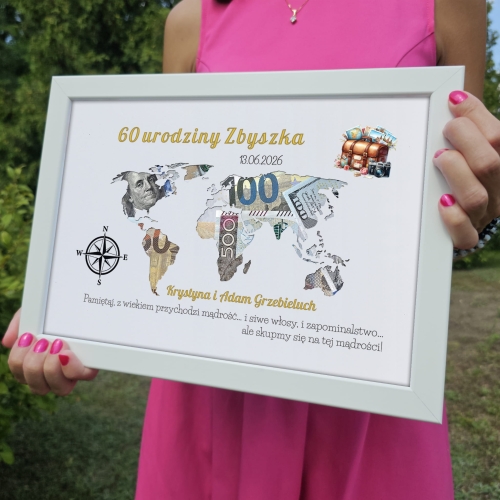 ORYGINALNY PREZENT URODZINOWY nowoczesna koperta ramka mapa świata