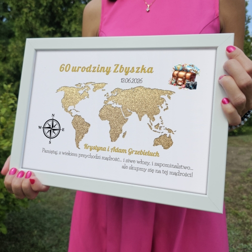 ORYGINALNY PREZENT URODZINOWY nowoczesna koperta ramka mapa świata