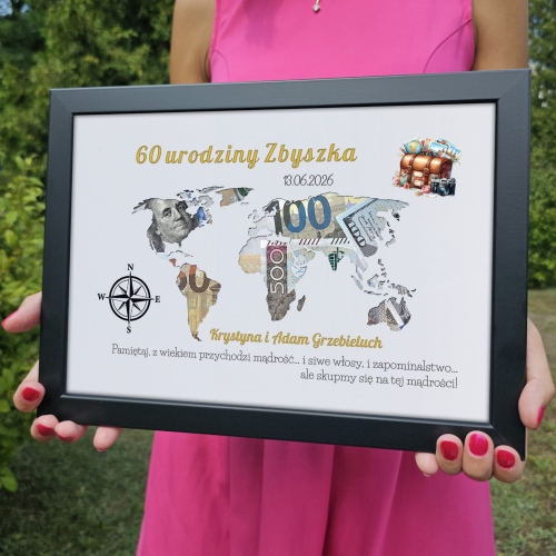 ZABAWNY PREZENT NA URODZINY obrazek na pieniądze mapa świata podpis