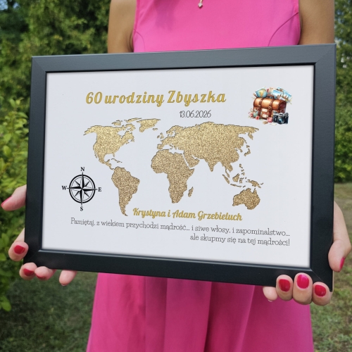ZABAWNY PREZENT NA URODZINY obrazek na pieniądze mapa świata podpis