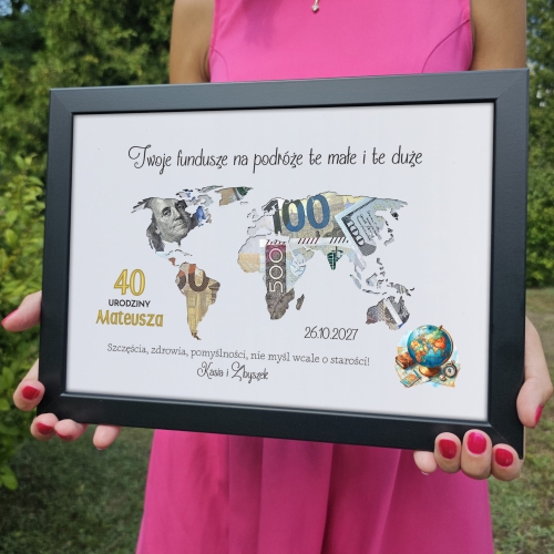 Ramka mapa świata PREZENT NA URODZINY koperta na pieniądze dedykacja