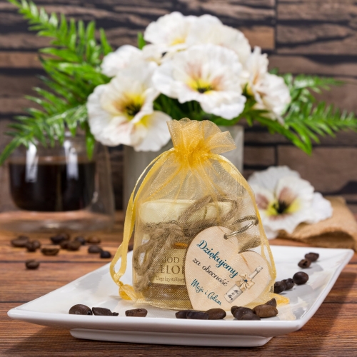 UPOMINKI DLA GOŚCI miodzik i breloczek serduszko na ślub szampan