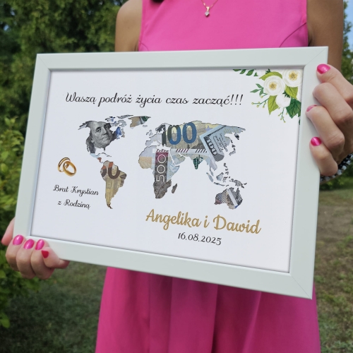 RAMKA NA PIENIĄDZE kontynenty prezent na ślub na wspólne podróże