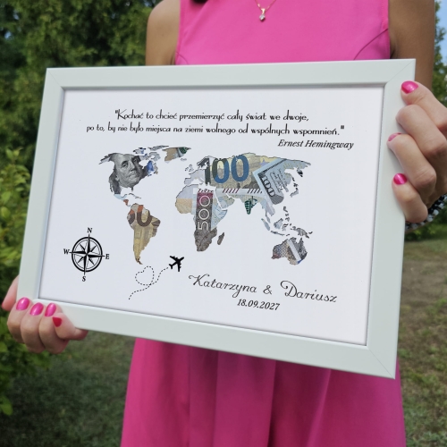 ORYGINALNA PAMIĄTKA ŚLUBNA ramka na pieniądze kontynenty kompas
