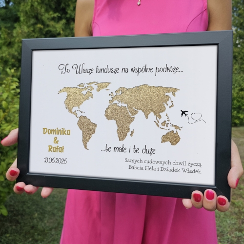 SUPER PREZENT ŚLUBNY ramka 3D mapa świata na gotówkę na podróże