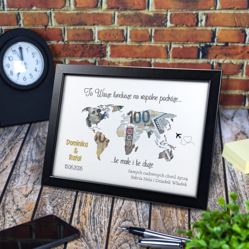 SUPER PREZENT ŚLUBNY ramka 3D mapa świata na gotówkę na podróże