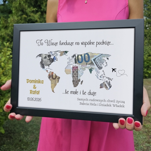 SUPER PREZENT ŚLUBNY ramka 3D mapa świata na gotówkę na podróże