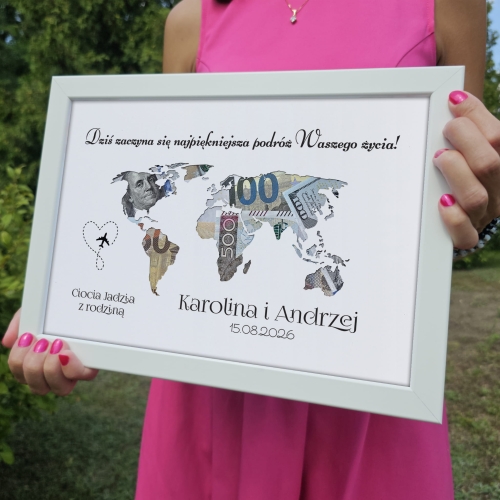 POMYSŁ NA PREZENT ŚLUBNY biała ramka mapa na pieniądze z dedykacją