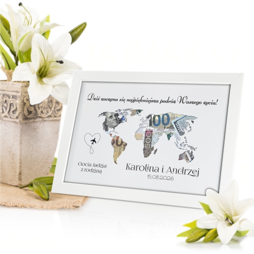 POMYSŁ NA PREZENT ŚLUBNY biała ramka mapa na pieniądze z dedykacją