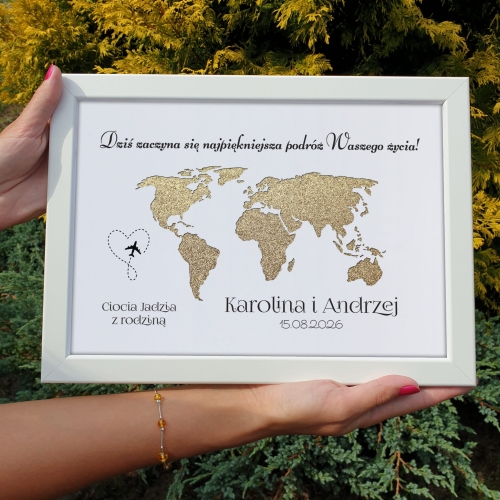 POMYSŁ NA PREZENT ŚLUBNY biała ramka mapa na pieniądze z dedykacją